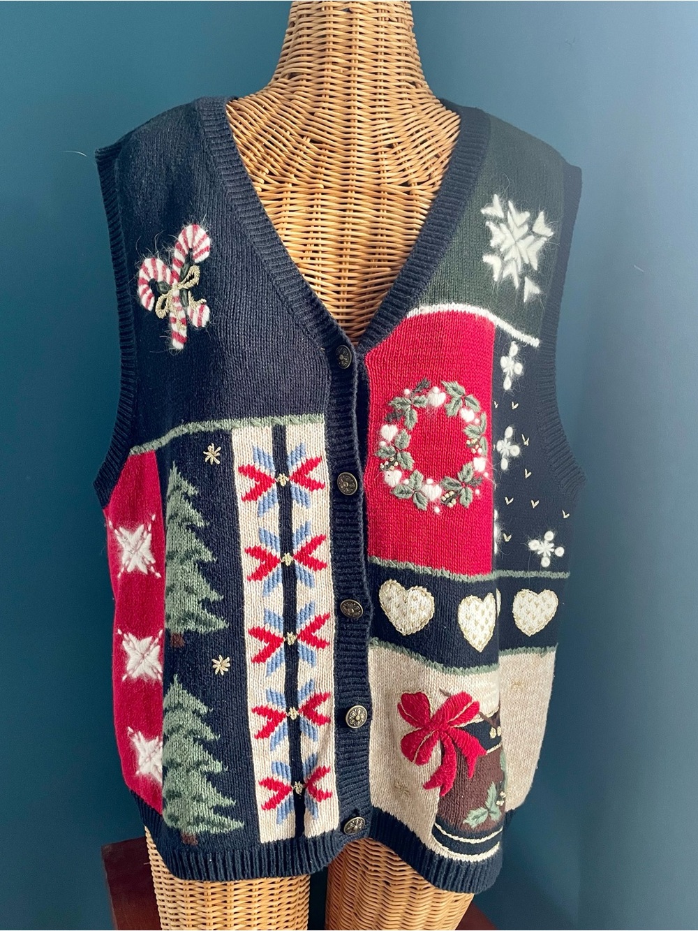 Vintage Nutcracker Christmas Patchwork Knit Sweater Vest Size XL EUC